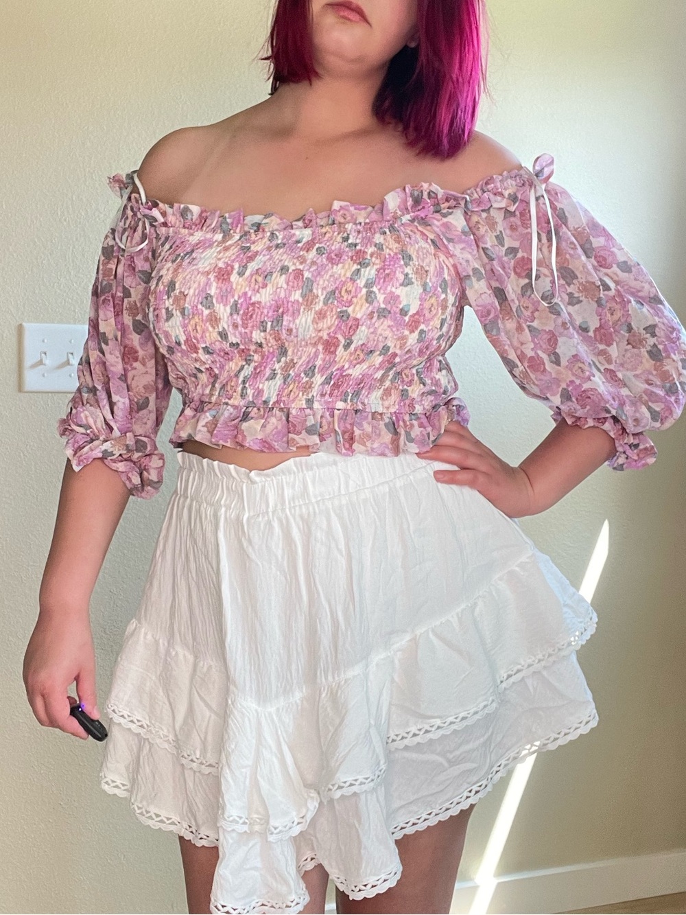 Romantic Purple lightweight shirred floral puff shoulder L blouse with ruffles